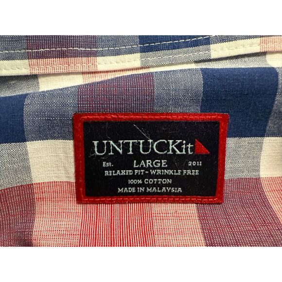 UNTUCKit Button Up Shirt Size LRG Blue Red Plaid Cotton Wrinkle Free Redaelli WF - Picture 8 of 10